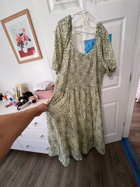 NEW Lea Puff-Sleeve Midi Dress in Sage Printed Fabric